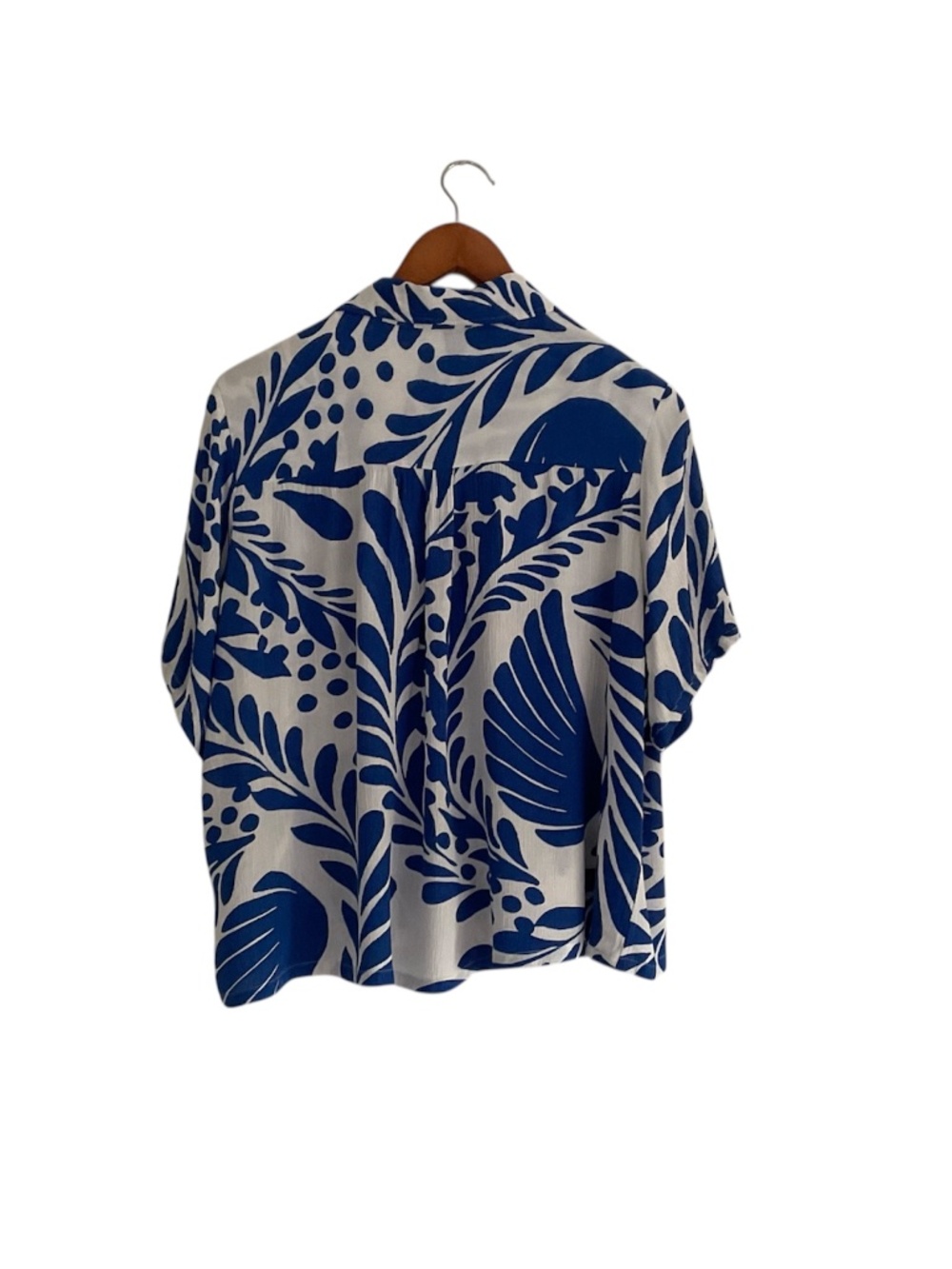 H&M Crinkle Viscose Shirt Sz L Blue White Short Sleeve Abstract Boxy Summer - Picture 3 of 7